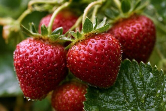 Fraises remontantes Éclatantes avec rosée du matin