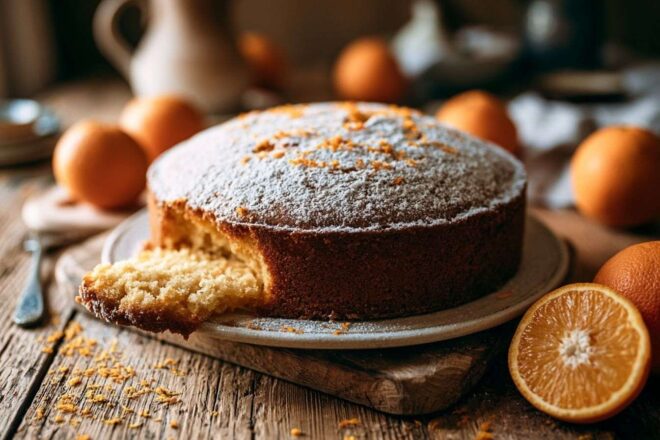 Gâteau à l orange sur table en bois rustique