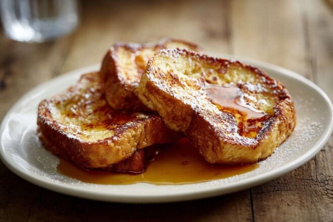 Goldenbrown slices of french toast with powdered sugar and maple syrup