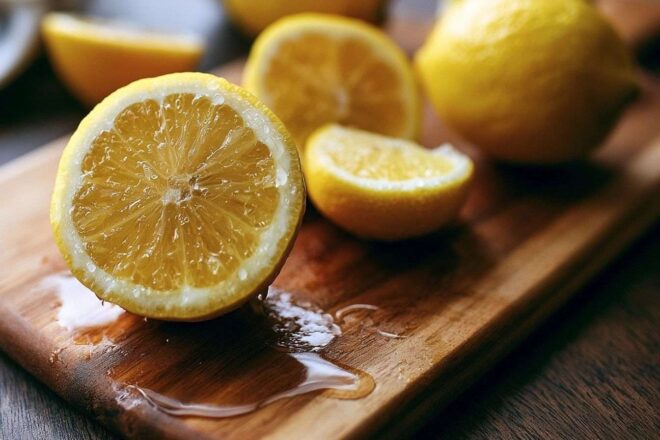 Gros plan de citrons frais avec gouttelettes d eau