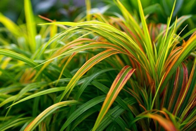 Gros plan des feuilles de carex evercolor ‘everglow’ dans un jardin