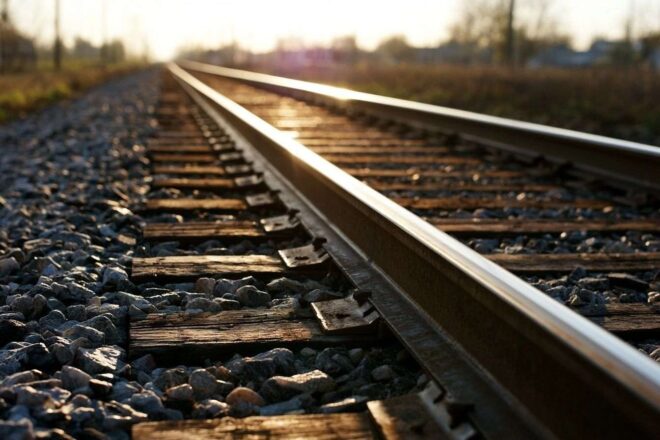 Gros plan des rails scintillants sous le soleil intense