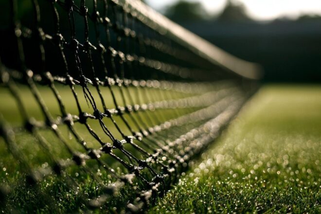 Gros plan du filet sur un court de tennis en gazon