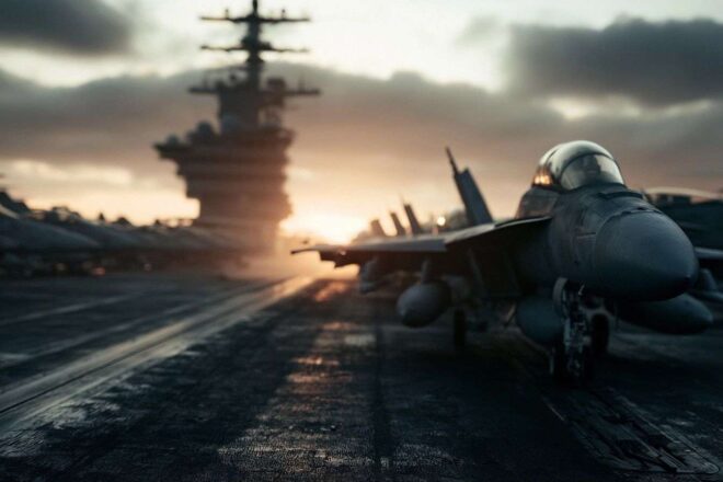 Gros plan du pont d un porte avions avec des jets prêts à décoller