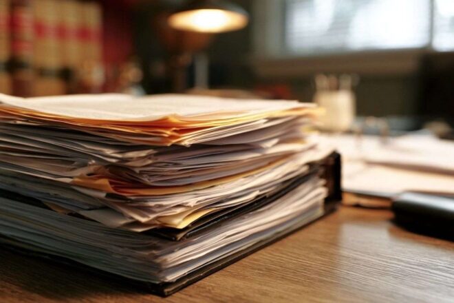 Gros plan d un dossier juridique épais débordant de papiers