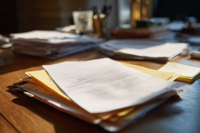 Gros plan d un rapport parlementaire sur un bureau en bois