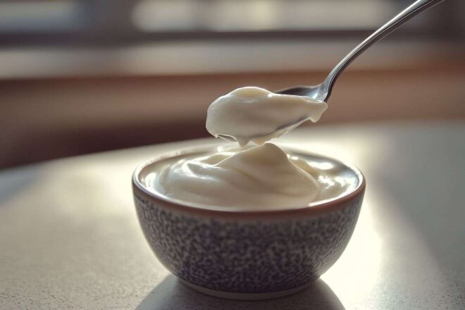 Gros plan d une cuillère prélevant du skyr crémeux
