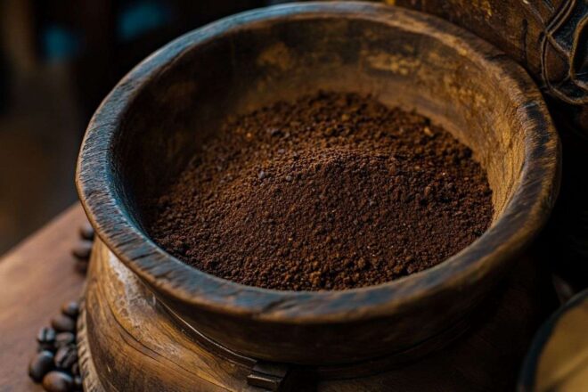 Gros plan sur des grains de café fraîchement moulus