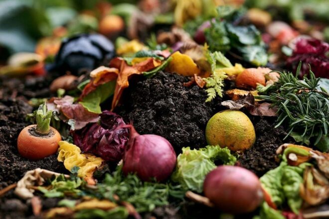 Gros plan sur un tas de compost riche et sombre