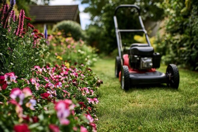 Image de jardin suburbain avec tondeuse à gazon