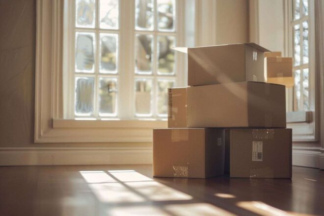 Piles de cartons de déménagement dans une pièce lumineuse