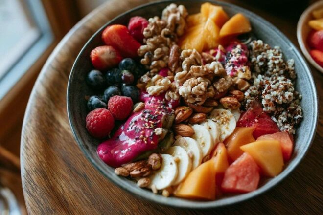 Plat riche en couleurs de fruits, noix et céréales