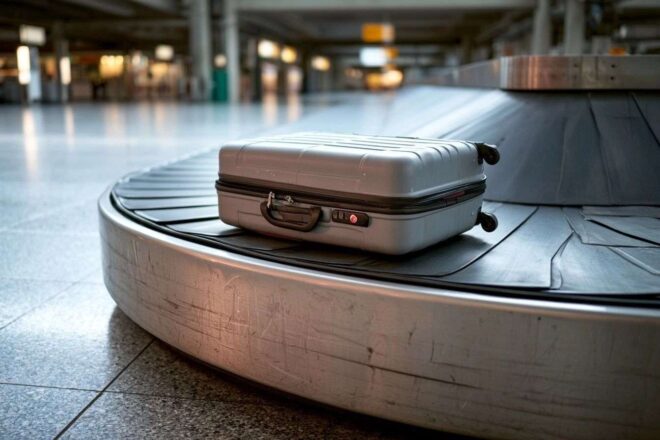 Tapis roulant bagages vide avec valise solitaire