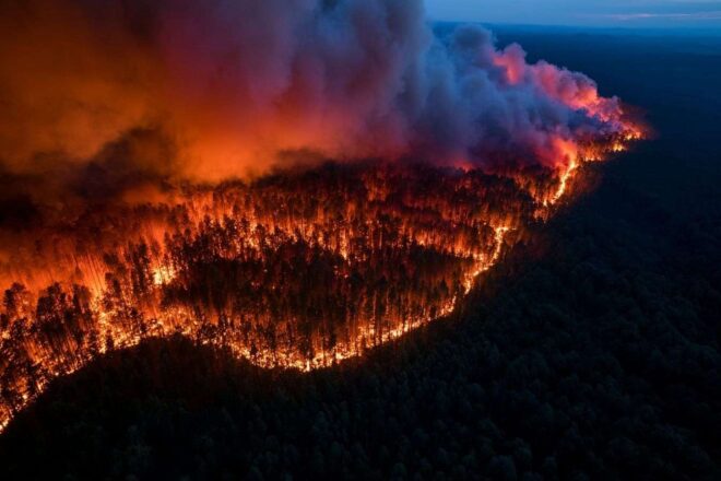 Vue aérienne de forêt en flammes