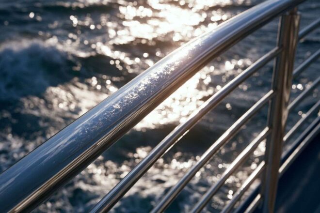 Vue rapprochée des balustrades brillantes du navire