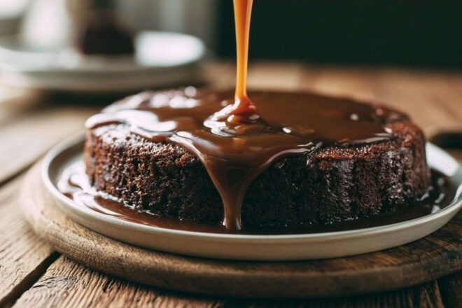 Caramel doré coulant sur gâteau au chocolat