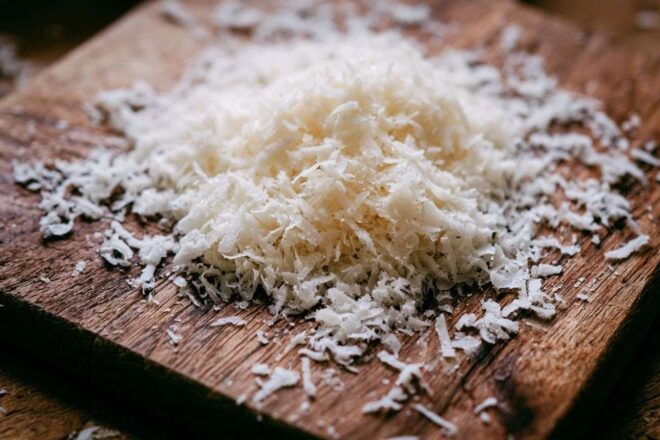 Gros plan de parmesan râpé finement sur planche rustique