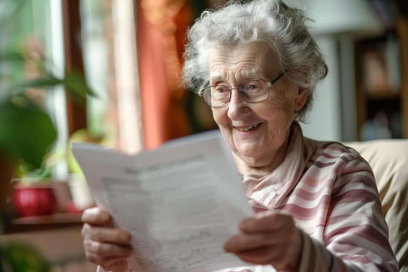 Une sénior heureuse de recevoir une bonne nouvelle par courrier.