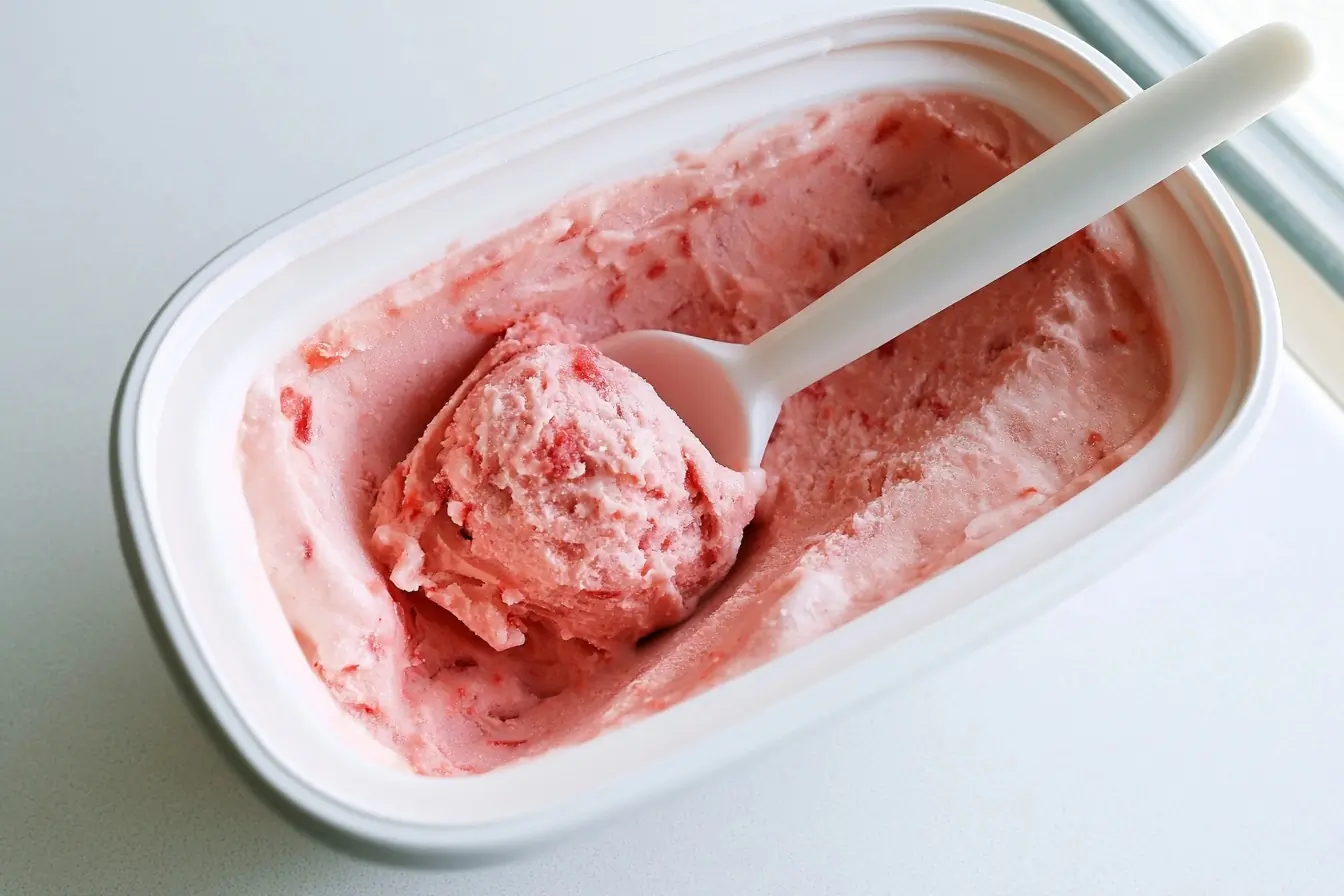 Bac de glace aux fraises servi