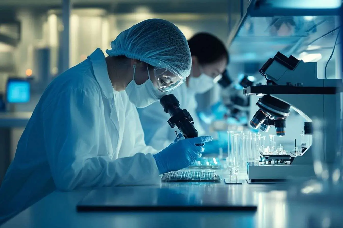 Des scientifiques examinent une puce d'intelligence artificielle innovante dans un laboratoire technologique avancé à Pékin.