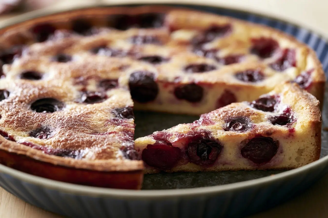 Clafoutis aux cerises servi en plat simple
