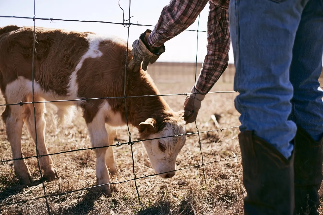 Un éleveur inspecte un veau au Texas