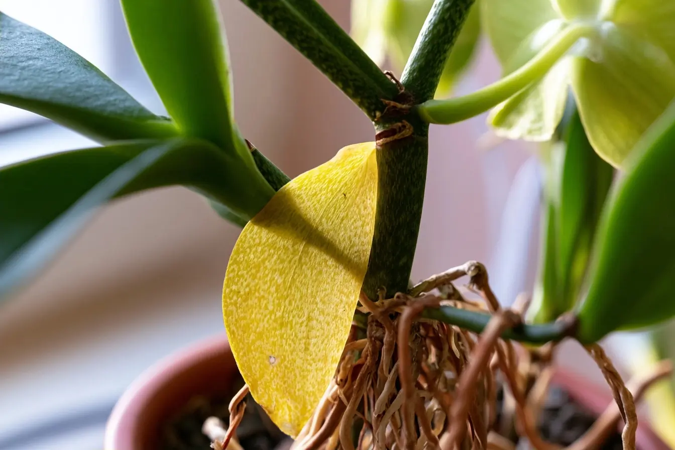 Feuille basse jaune sur une orchidée