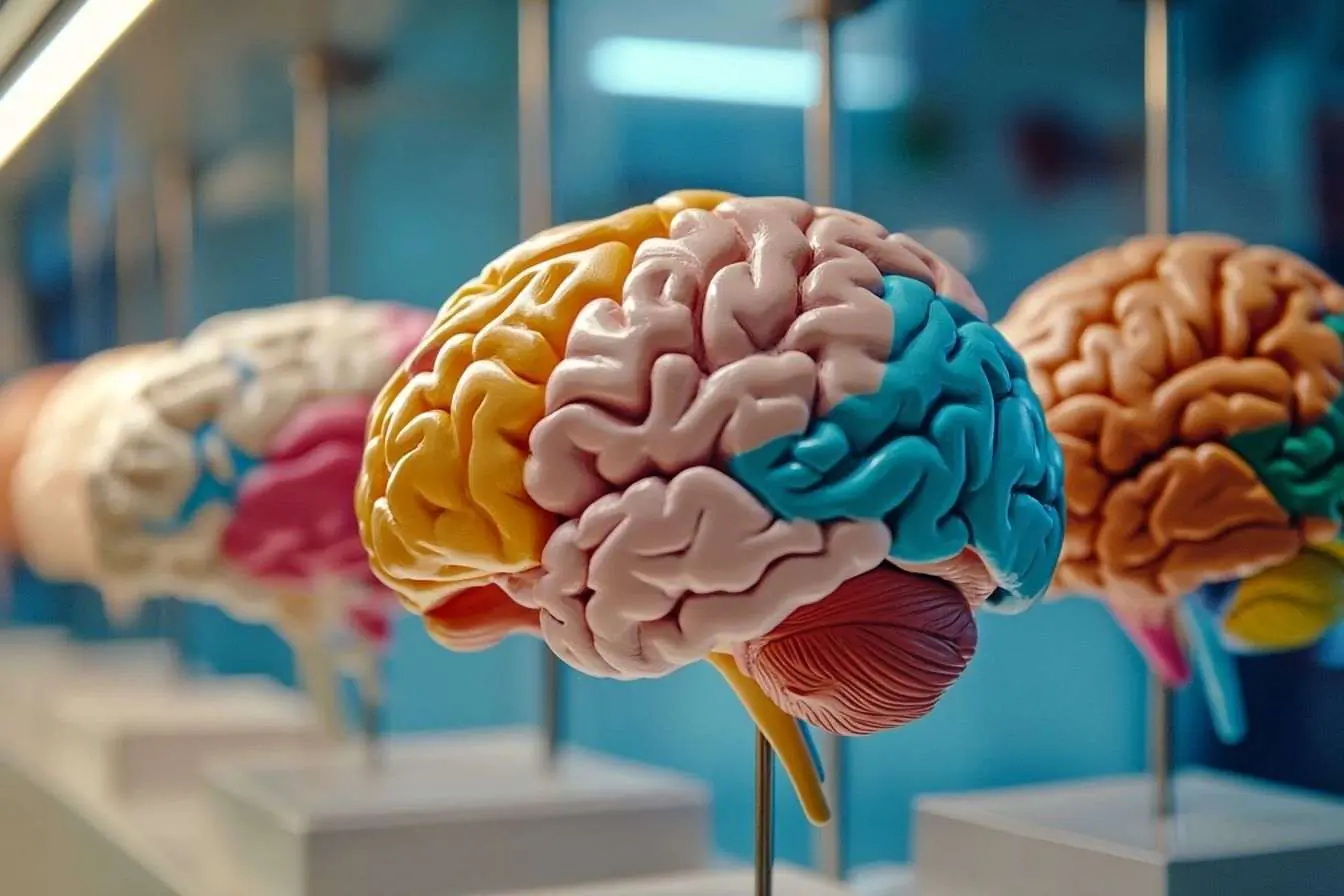 Cette image illustre des modèles de cerveau multicolores qui mettent en valeur la santé cognitive, éclairés doucement pour accentuer leurs détails uniques.