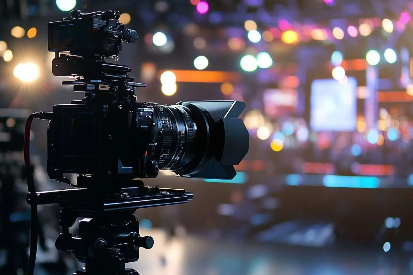 Capture détaillée d'une caméra de studio de télévision sur un plateau moderne avec éclairage lumineux