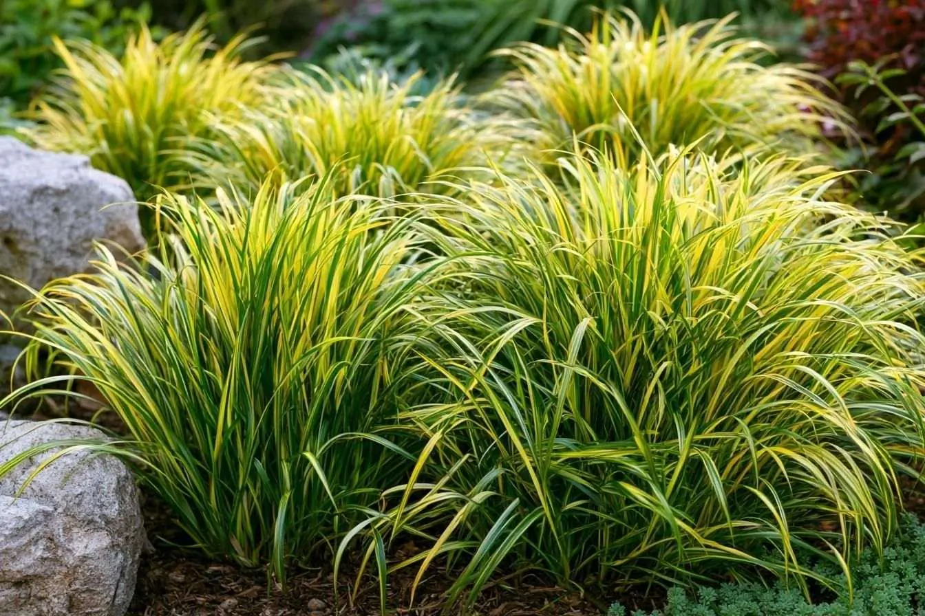 Ensemble de Carex 'Banana Boat' offrant une palette de couleurs distinctes dans un cadre paysager raffiné