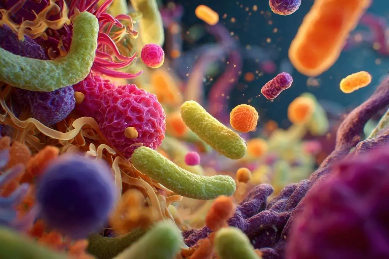 Représentation colorée et vivante du microbiote intestinal avec des micro-organismes bénéfiques