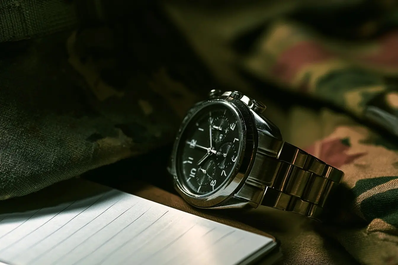 Montre militaire près d’un casque