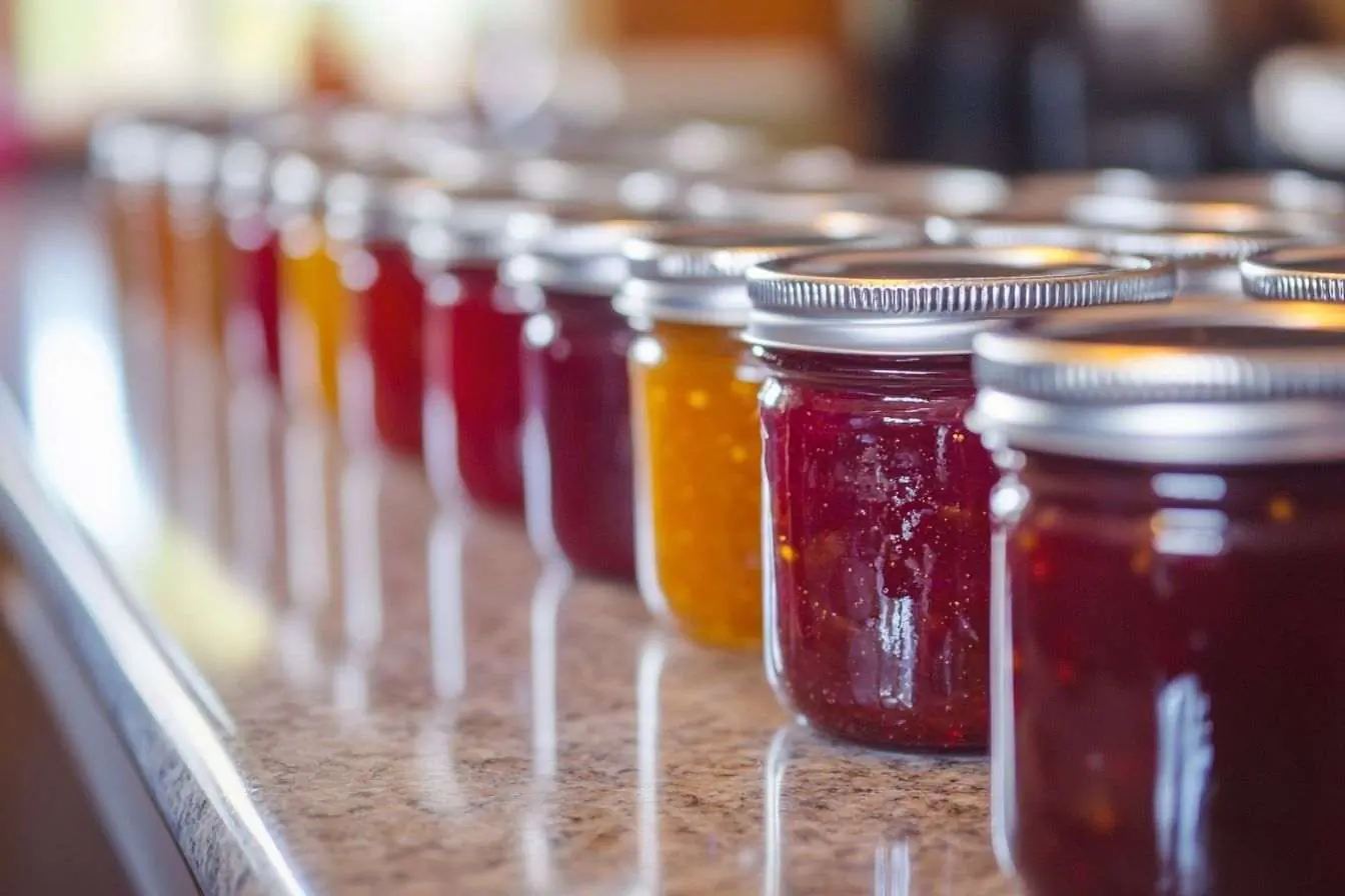 Des pots de confiture colorés sur un plan de travail, prêts pour un réveil gourmand.