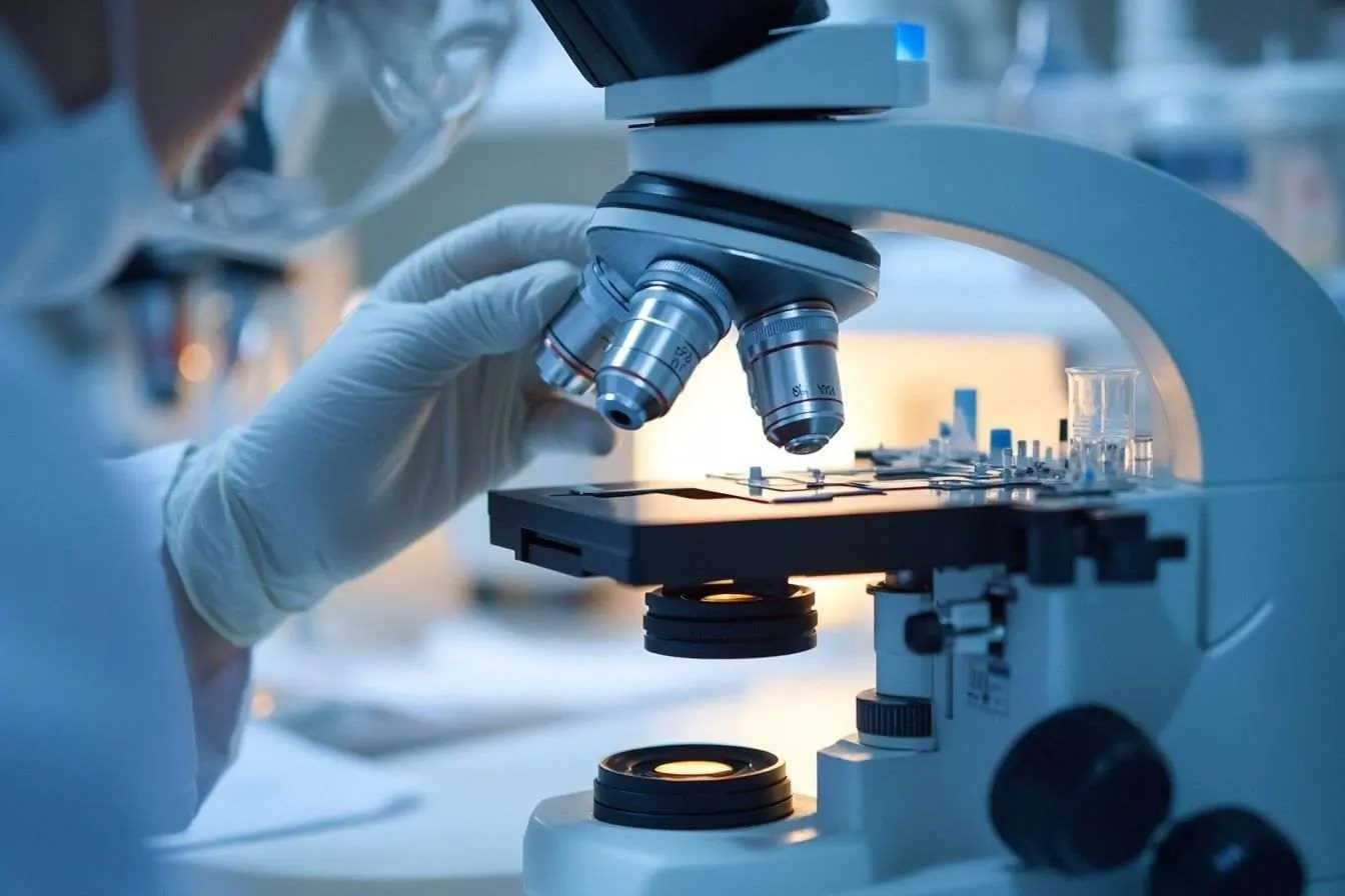 Vue rapprochée d'un technicien analysant méticuleusement des échantillons sous un microscope dans un environnement clinique.