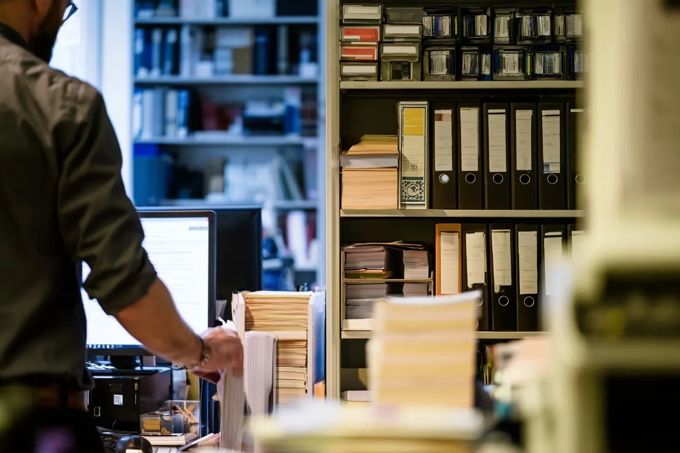 Employée range papier et classeurs au bureau