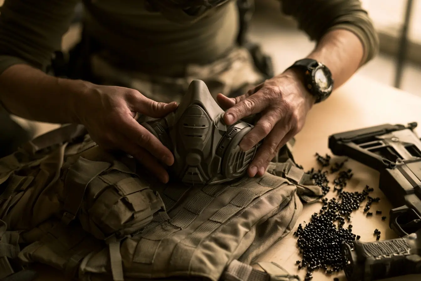 Équipement d’airsoft préparé sur une table