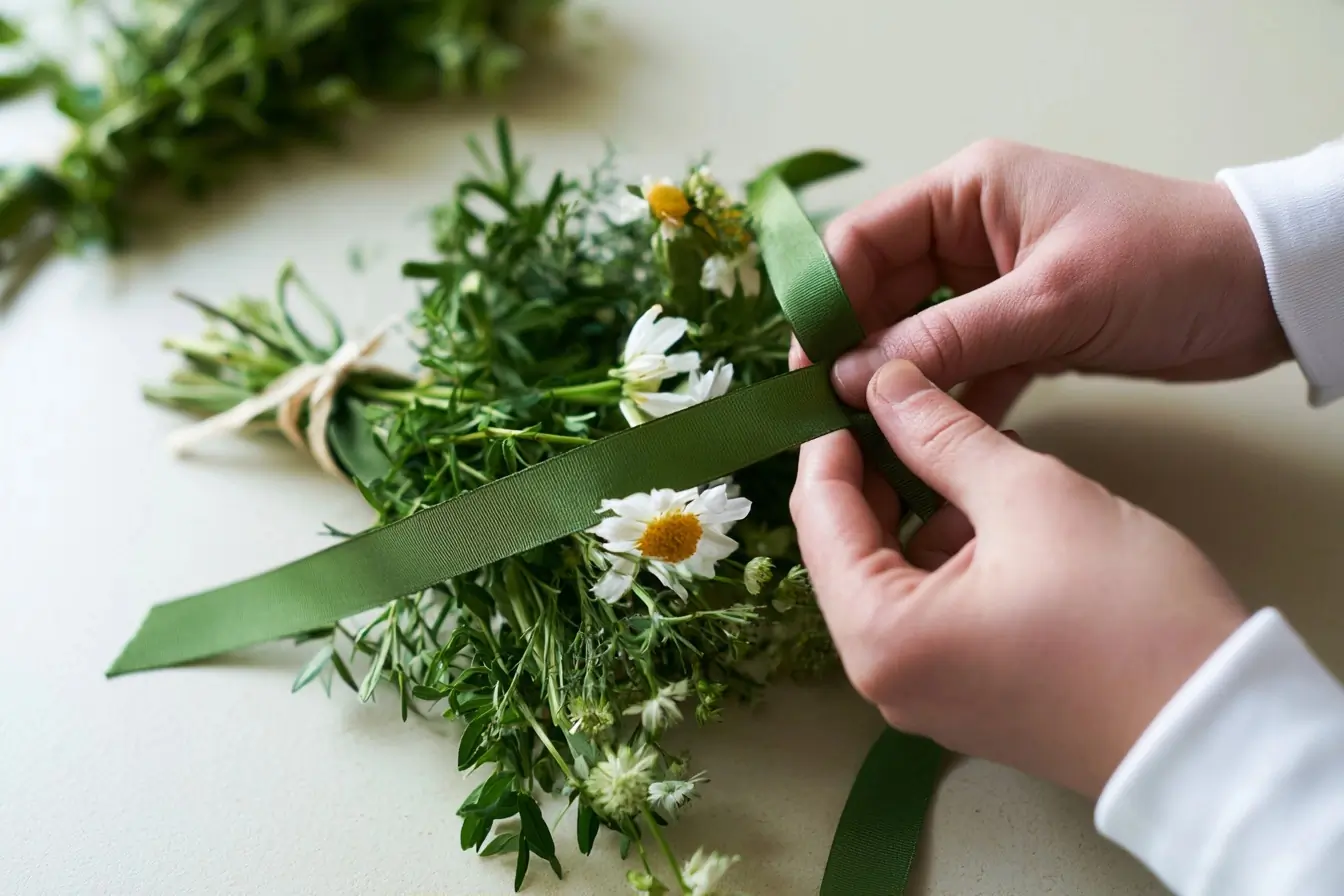 Mains liant un bouquet du jardin