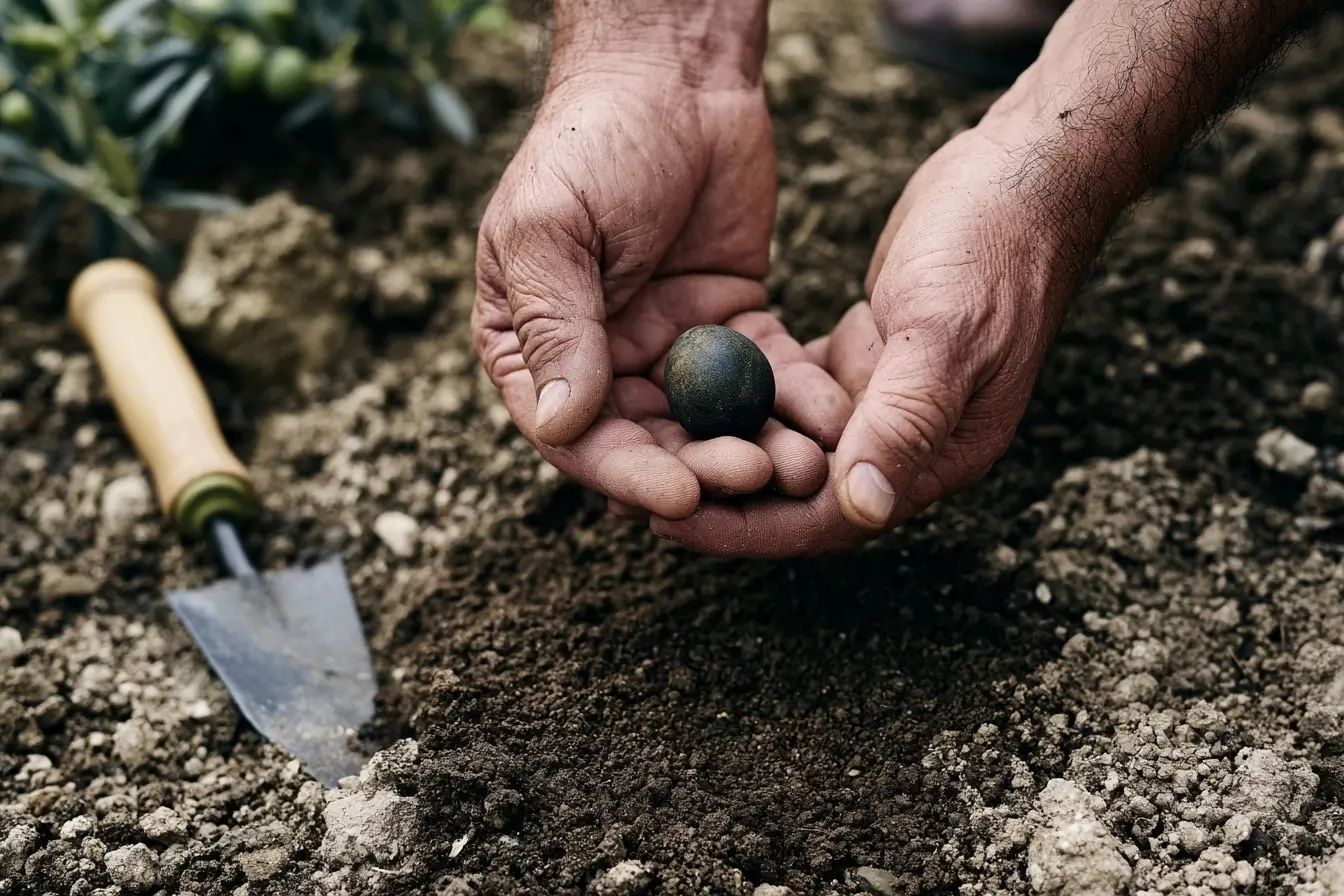 Des mains montrent une olive sur la terre