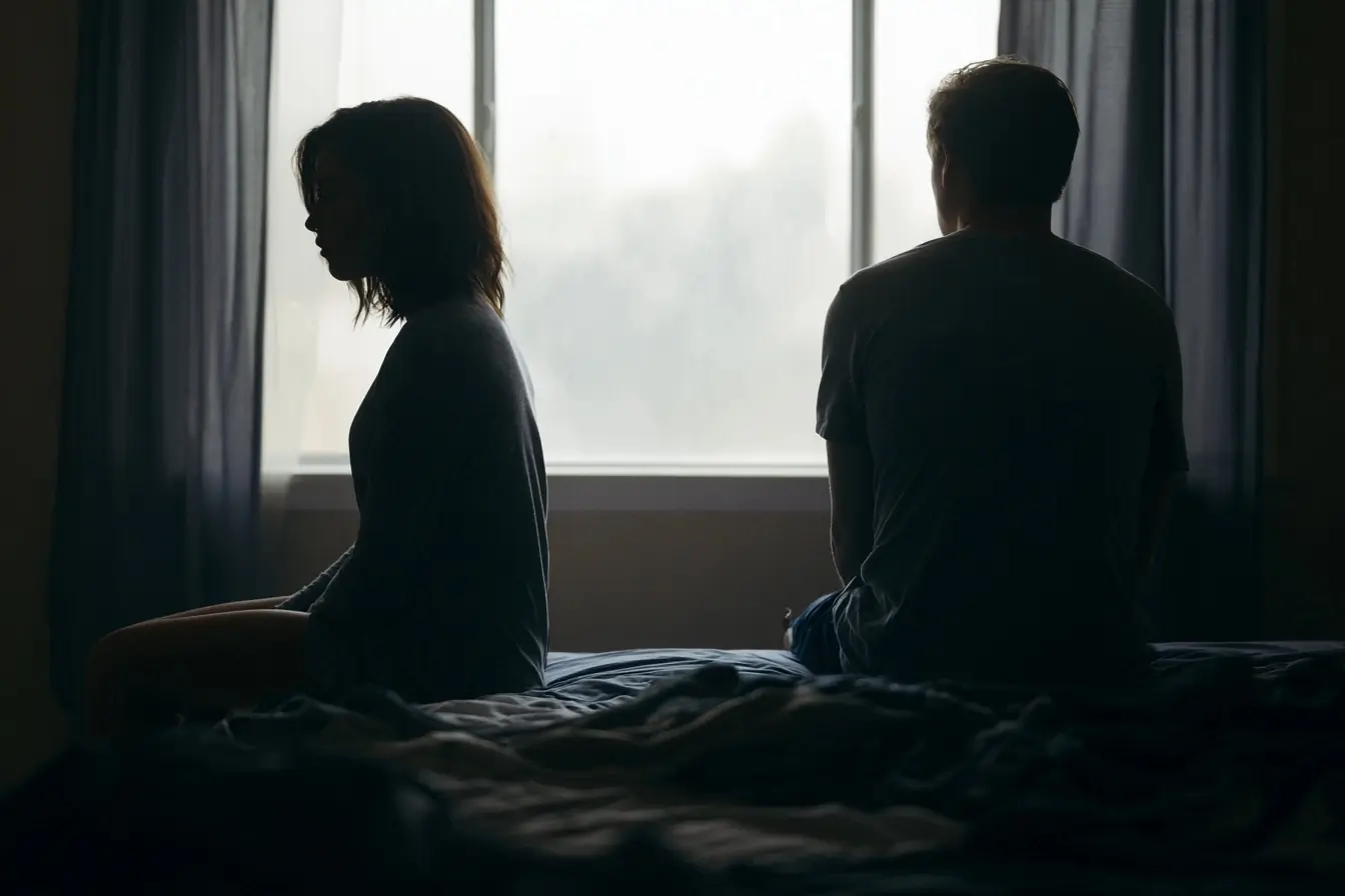 Couple assis sur un lit en pénombre
