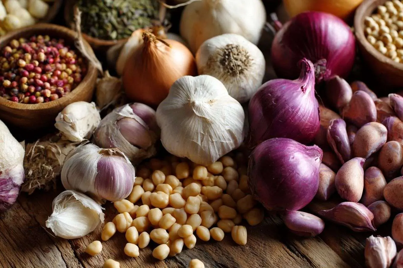 Un mélange varié d'aliments contenant des FODMAP avec de l'ail, des oignons et des légumineuses sur une table rustique.