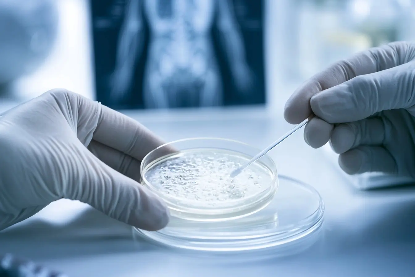 Mains gantées devant des cultures microbiennes