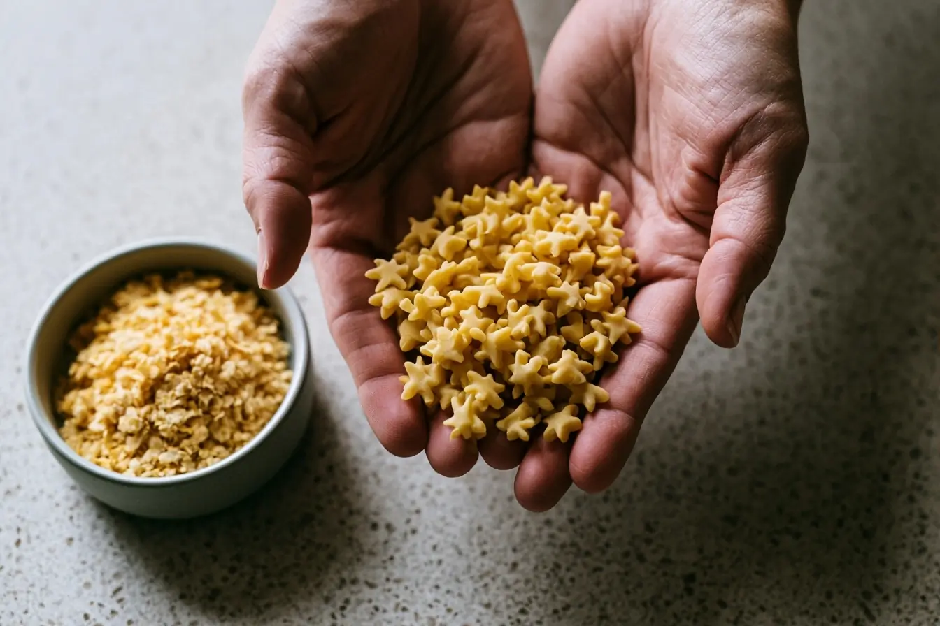 Mains tenant des pâtes étoiles sèches