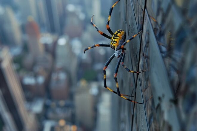 Illustration. Une araignée Joro sur un gratte-ciel aux Etats-Unis.