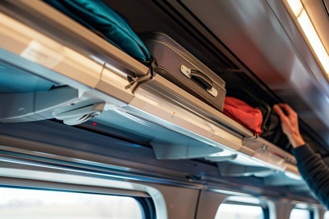 Illustration. Des bagages dans la galerie d'un train.