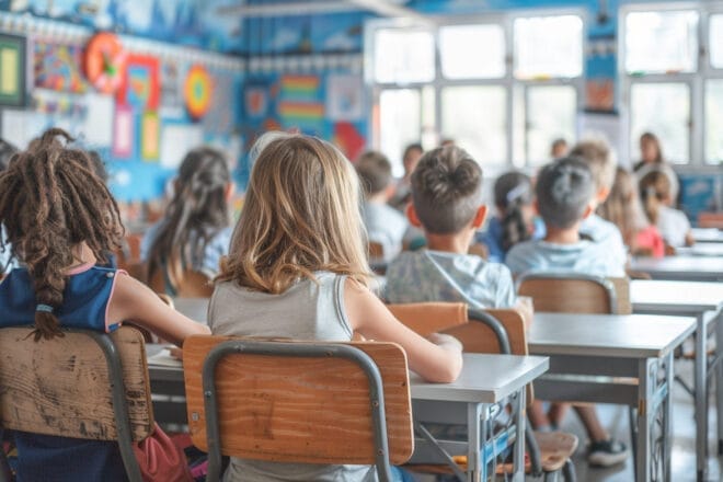 Illustration. Une classe et des élèves attentifs.