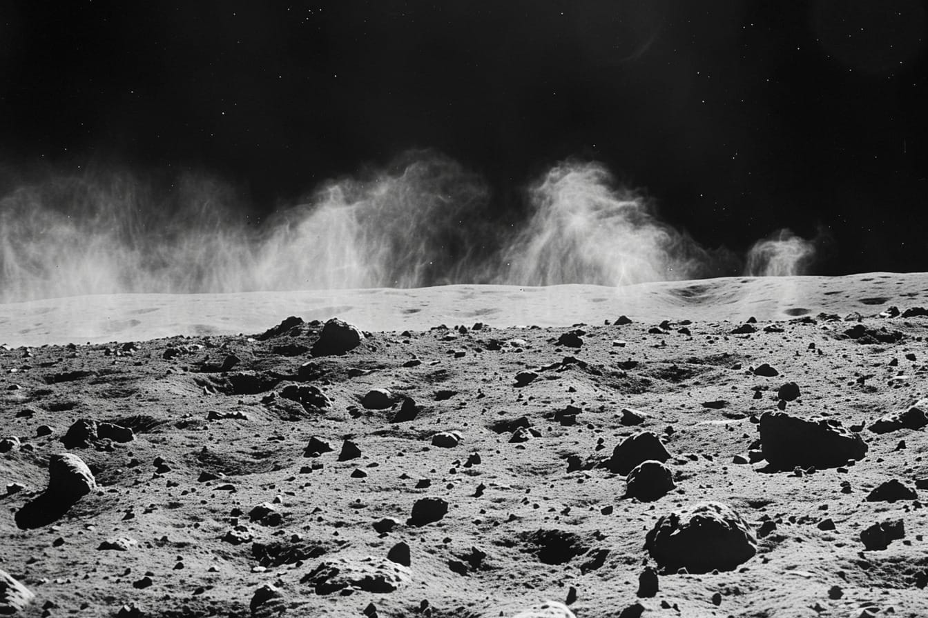 Illustration. De la poussière au-dessus de la surface lunaire.
