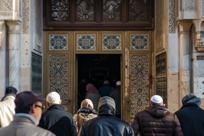 Illustration. Des fidèles se rendant dans une mosquée.