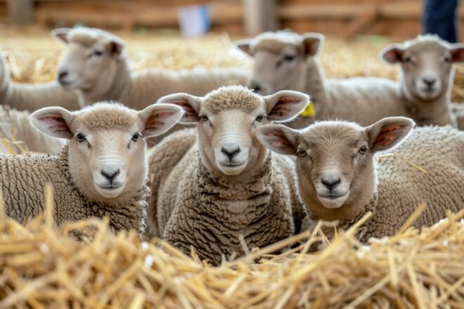 Illustration. Des moutons dans la paille.
