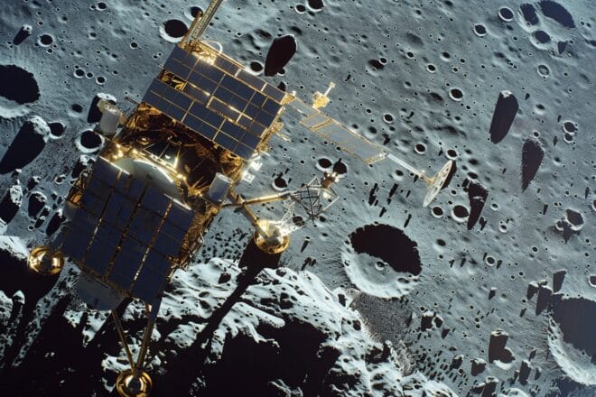 Illustration. Une sonde spatiale sur le sol lunaire.
