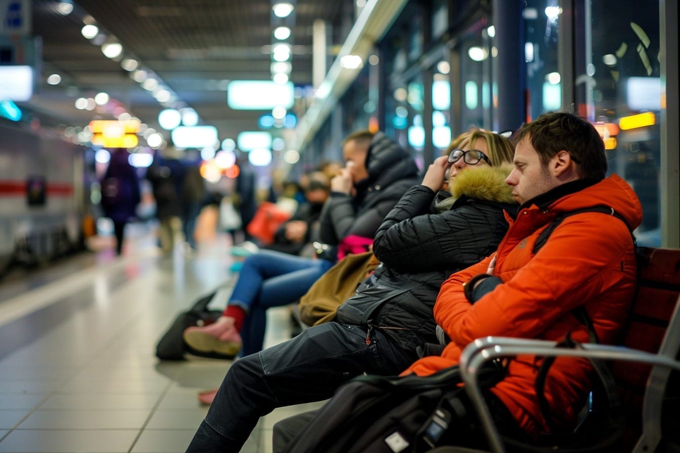 Illustration. Des voyageurs attendant leur train dans une gare.